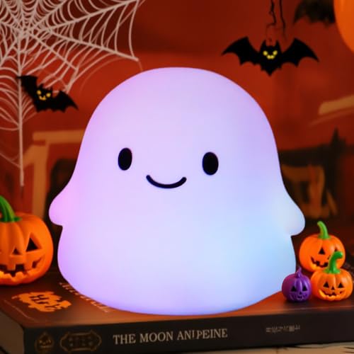 Rytinazzz Halloween Ghost Night Light, Color-Changing & 50-Hour Battery, Spooky-Cute Squishy Lamp for Kids, USB Rechargeable with Timer, Halloween Decor & Gifts - color: Colorful Ghost