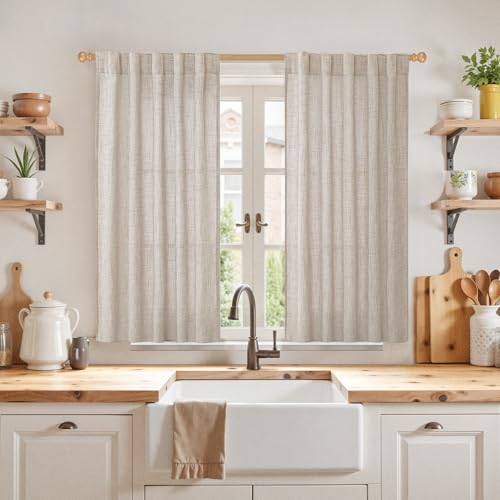 YoungsTex Linen Semi Sheer Curtains 45 Inch Length 2 Panels Set | Light Filtering Short Drapes with Rod Pocket Back Tab Natural Textured for Bathroom Living Room Window, 42 X 45 Inch - color: Natural, size: 42"W x 45"L (Pack of 2)