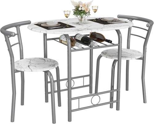 JUMMICO 3-Piece Wooden Round Table & Chair Set | Kitchen Breakfast Nook Wood Grain Tabletop with Metal Frame and Built-in Wine Rack for Kitchen, Dining Room (White/Silver) - color: White/Silver