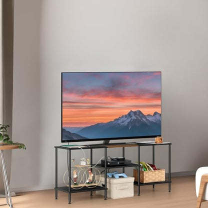 OYEAL Black Bedroom TV Stand with Power Outlets up to 50 inch TV, Small Entertainment Center Stand with Storage Modern Media TV Console Table for Living Room Bedroom - color: Black