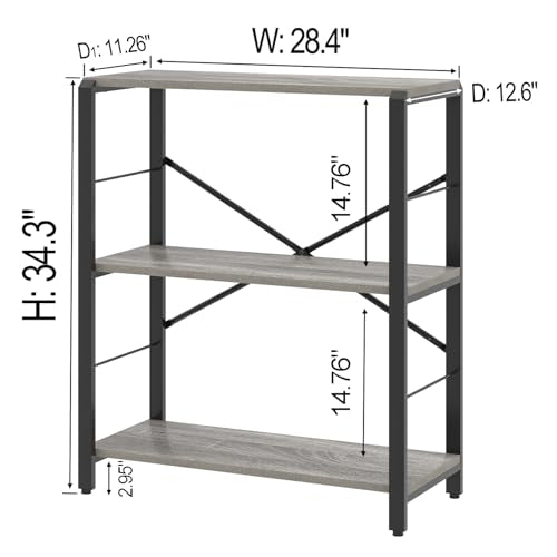 Small Bookshelf and Bookcase, 3 Tier Low Short Book Shelves, Rustic Wood and Metal Shelving Unit for Small Spaces, Bedroom Living Room, Light Grey - color: Light Grey, size: 3-Tier