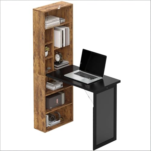Foldable Wall Mounted Desk with Storage Shelves & Blackboard, Fold-Out Convertible Writing Table for Small Spaces | Space-Saving Floating Computer Desk for Home Office (Brown) - color: Brown