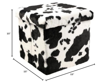 Luxe Faux Fur Storage Ottoman, Cowhide Black/White, 15 x 15 x 15 in | Engineered Wood, Tool-Free Assembly, Modern Style, Seat And Footrest - color: Cowhide Black/White, size: 15"D x 15"W x 15"H