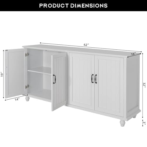 Sideboard Buffet Cabinet with 4 Doors, Vintage Coffee Bar Station, White | Farmhouse Storage Cabinet for Dining Room and Kitchen, 62'' Large TV Stand with Adjustable Shelf, Heavy Duty, Painted Finish - color: White, size: 4 Doors