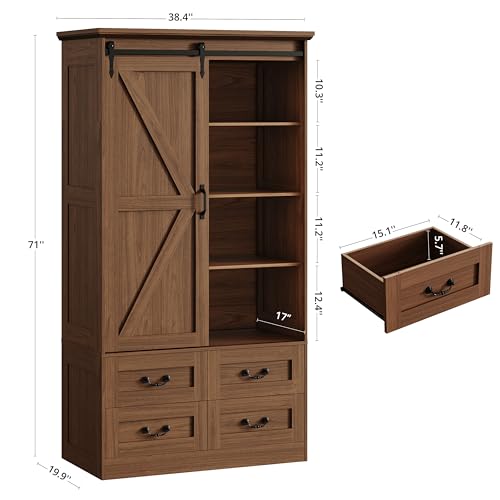 IRONCK Armoire Wardrobe Closet with 4 Drawers,71" Wardrobe Cabinet with Sliding Barn Doors, Tall Clothing Storage Cabinet with Hanging Rod and Shelves for Bedroom,Walnut - color: Walnut
