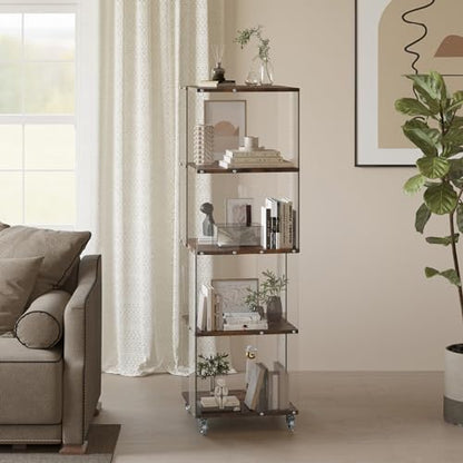Acrylic Display Shelf with Wheel,4 Tier Bookshelf Storage Rack,Wood Shelves | Clear Acrylic Panels And Wood Shelves Create An Elegant Display Space For Books, Collectibles, Plants And Home Decor. - size: 4-Tier
