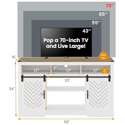 RoyalCraft Farmhouse Fireplace TV Stand for 65+ TV, Entertainment Center with 23" Electric Fireplace with Remote, 34" Tall Modern Rustic TV Console with Sliding Bar Door for Living Room, Antique White - color: White and Rustic Oak, style: Electric Firepla