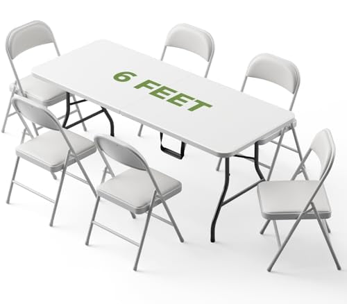 Folding Dining Table Set for 6, 6FT Foldable Plastic Table with Carrying Handle & 6 PU Leather Padded Folding Chairs, Portable Table and Chairs Set for Indoor Outdoor, Party, Wedding, Picnic, Camping - color: White, size: 6FT