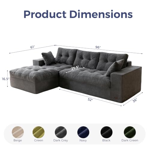 MAXYOYO Boneless Couch, 96-Inch L-Shaped Cloud Couch with Ottoman | Dark Grey Layered Cushion and Flexible Modules Create an Upholstered Sofa in a Box, No Assembly for Spacious Living Rooms. - color: Dark Grey, size: 96" L Shape