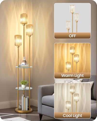 Gold Floor Lamp with Shelves, Modern Floor Lamp with 3 Crystal Shades and Foot Switch, 3-Light Standing Lamp with 3 Shelves, for Living Room, Bedroom, Study, Office, Gold D53LD05 - color: Gold + Crystal Glass