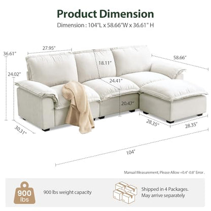 HALLYBEE Cloud Couch Sectional Modular Sofa for Living Room White | Modular Sectional Cloud Couch with Movable Ottoman, L-Shaped, 3-Seater, Chenille Fabric, Removable Cushion Covers, Apartment - color: White