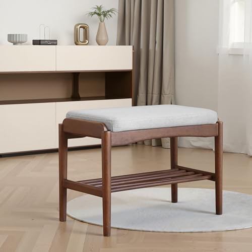 Black Walnut Shoe Bench Assembled, Solid Wood Shoe Rack Bench with Cushion for Entryway, Living Room, Bedroom, Hallway, 11.8" x 23.6" x 16.5" - color: Grey Cushion, size: 23.6"W