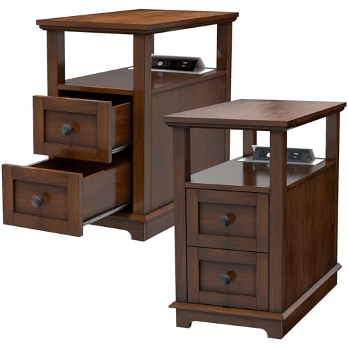 HIFYOBRO End Table with Flip Top Charging Station Set of 2 | Narrow Side Table with 2 Drawers, Type-C & USB Port & Power outlets, Wooden Storage Cabinet for Living Room and Bedroom - color: Glossy Cherry, size: 1 Set