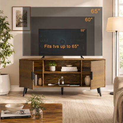 Lightdot 55" Amber Small TV Stand for TVs Up to 65" with Power Outlet | Mid-Century Modern Media Console with Fluted Side Cabinets & 2 Storage Shelves for Living Room Bedroom Entrance - color: Amber/55"