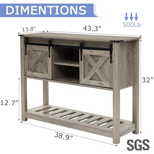 Farmhouse Entryway Table with Sliding Barn Doors, Wood Console Table with Storage Shelf, Rustic Sofa Table for Living Room, Entryway, Foyer, Grey - color: Grey