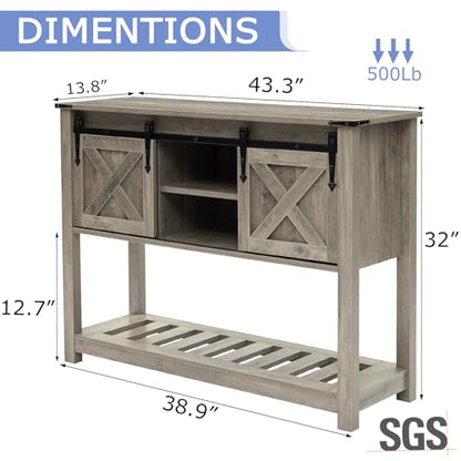 Farmhouse Entryway Table with Sliding Barn Doors, Wood Console Table with Storage Shelf, Rustic Sofa Table for Living Room, Entryway, Foyer, Grey - color: Grey
