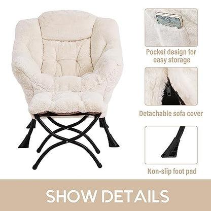 Lazy Chair with Ottoman, Modern Accent Leisure Upholstered Sofa Chair, Lounge Reading Chair with Armrests and a Side Pocket for Living Room, Bedroom & Small Space, Plush Beige | Foldable Footrest,Removable Cover,with Armrests and Side Pockets,Upholstered