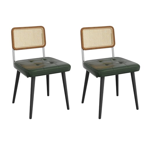 Garvee Rattan Dining Chairs Set of 2, Upholstered Dining Room Chairs with Rattan Backrest, Armless Side Chairs for Kitchen Living Room, Restaurant, PU Leather, Dark Green | Upholstered Kitchen Chairs with Rattan Backrest, Armless Side Chairs for Kitchen,