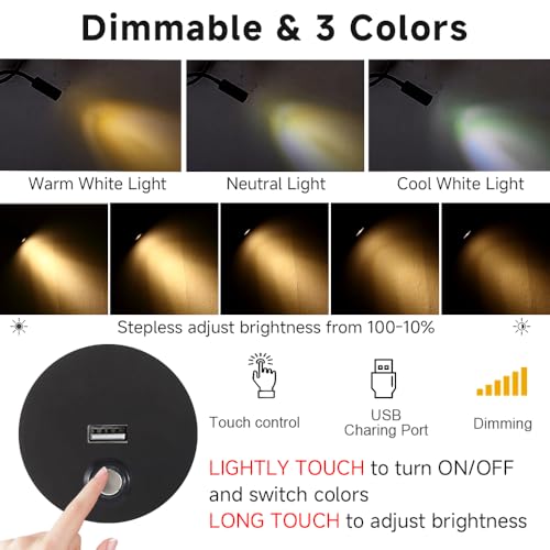 Dimmable Wall Mounted Reading Light with USB Charging Port, Plug-in LED Headboard Reading Light, Bedside Spot Wall Lamps with Flexible Gooseneck, Black Finished - color: Dimmable/3 Color/USB/Black