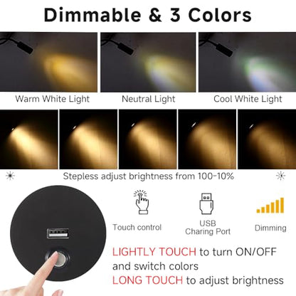 Dimmable Wall Mounted Reading Light with USB Charging Port, Plug-in LED Headboard Reading Light, Bedside Spot Wall Lamps with Flexible Gooseneck, Black Finished - color: Dimmable/3 Color/USB/Black