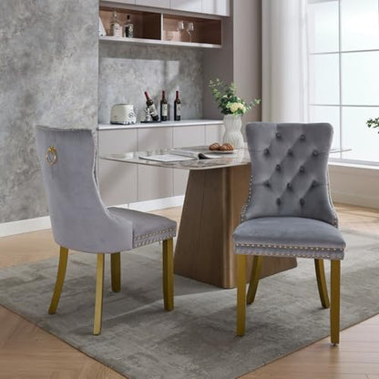 KEIKI Velvet Dining Chair, Upholstered Tufted Accent Seat | with Golden Solid Wood Legs for Dining Room Kitchen Room, Light Gray - color: Light Gray