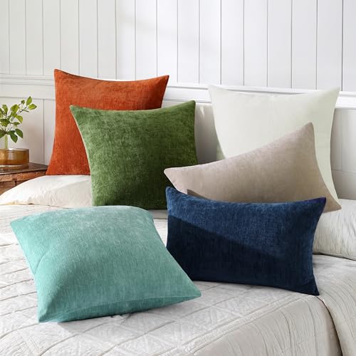 decorUhome Chenille Aqua Haze Throw Pillow Covers 18x18 Inch Set of 2, Decorative Soft Couch Pillow Covers Solid Dyed Accent Velvet Farmhouse Neutral Square Pillow Cases for Sofa Bed Living Room | Decorative Fall Couch Pillow Covers Solid Dyed Accent Mode