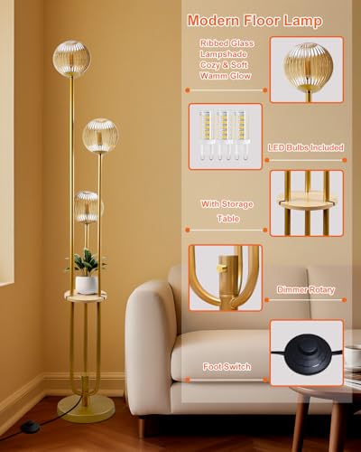 Globe Glass Floor Lamp with Table, Gold Tall Standing Lamps Dimmable, 3000K Warmwhite Mid Century Modern Floor Lamp with 5Lbs Heavy Base for Living Room/Bedroom - color: 3 Globe Glass-Gold