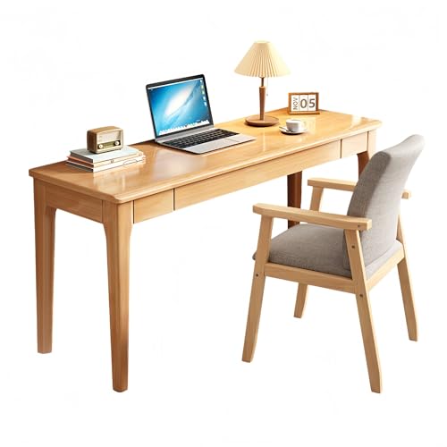 Solid Wood Narrow home office Desk with Drawers and chair for Small Spaces | vComputer Table Rubberwood Frame, Ultra Slim Depth, Built-in Cable Hole, work desk for Bedroom & Entryway Apartment - color: Natural, size: 32*18IN