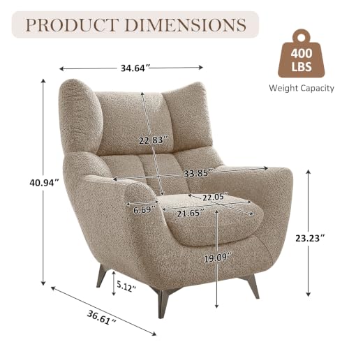 34.6" Oversized Accent Chair with WingBack, Teddy Boucle Camel | High Back, Wide Armrests, Metal Legs, Cozy Deep Seat Armchair , Reading Chair for Living Room, Bedroom, Apartment, Office - color: Camel, size: Set of 1