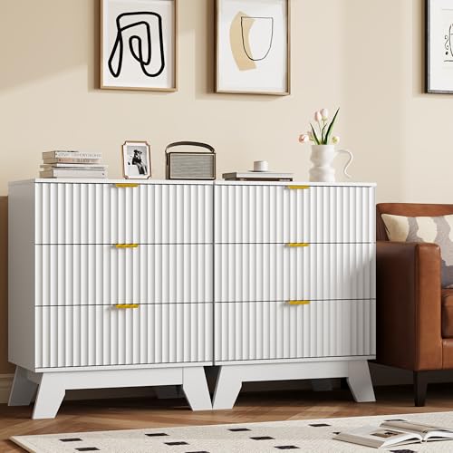 Fluted Nightstand with 3 Large Drawers, Wooden Side End Table with Elevated Legs for Easy Cleaning, Sturdy Modern Beside Table for Small Space, Bedroom, White, 24" L - color: White