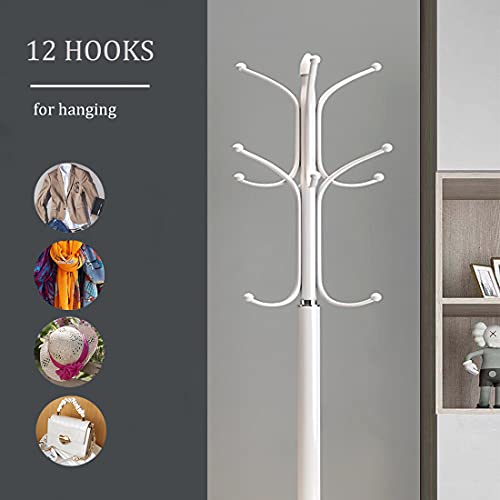Kertnic Freestanding Coat Rack Stand, Heavy Duty Metal Hall Tree with 12 Hooks, 70 Inch Tall Stable Coat Hanger with 14.6" Natural Marble Base, Entryway Organizer for Coats Bags Hats Purses (White) - color: White