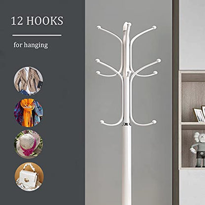 Kertnic Freestanding Coat Rack Stand, Heavy Duty Metal Hall Tree with 12 Hooks, 70 Inch Tall Stable Coat Hanger with 14.6" Natural Marble Base, Entryway Organizer for Coats Bags Hats Purses (White) - color: White