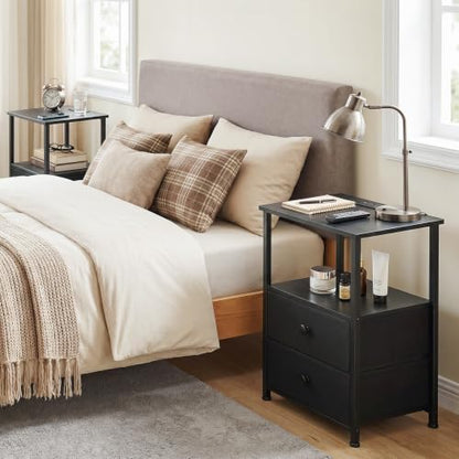 Nightstands Set of 2, Night Stand with Charging Station | Bedside Table with 2 Fabric Drawers for Bedroom, End Tables with Storage Shelf for Small Spaces, Black - color: Black, style: Power