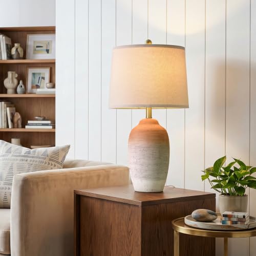 USumkky 24.5" Ceramic Table Lamp with 5FT Cord, Single Farmhouse Vintage Rustic Bedside Lamp for Living Room Bedroom Entryway, Linen Shade Nightstand End Table Decor (Bulb Not Included)-White&Brown - color: 24.5" White&Brown