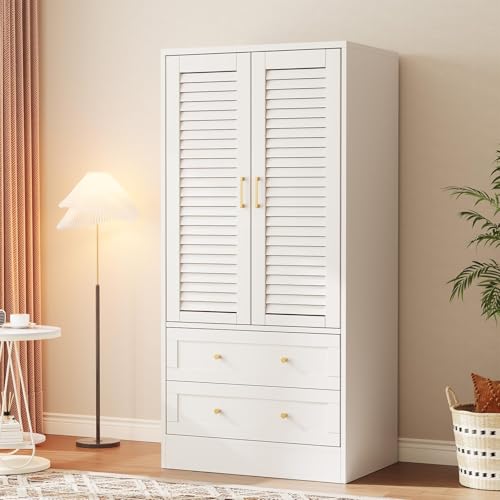 65" White Wooden Storage Cabinet, Freestanding Storage Cabinet with 2 Doors, 2 Drawers & Hanging Rod for Bedroom, Cloakroom, Laundry Room & Entrance Hall, White