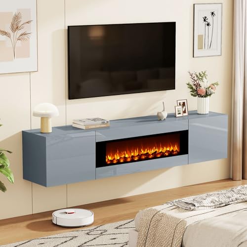70" Wall Mounted Floating TV Stand with 36" Electric Fireplace, High Gloss Floating Entertainment Center TV Shelf for TVs Up to 80", Grey Fireplace Media Console Table Floating TV Cabinet Living Room - color: Grey, size: 70"-with fireplace
