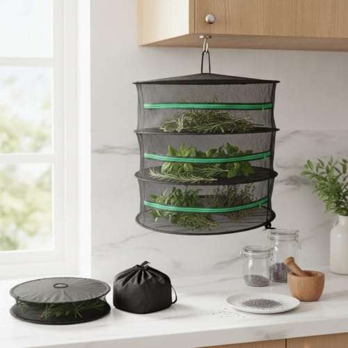 Collapsible Hanging Dryer with Zippered Mesh Layers, Space-Saving Foldable Air Drying Rack for Kitchen, Balcony, and Laundry (Black) - size: 22.83 x 22.83 x 7.09 in
