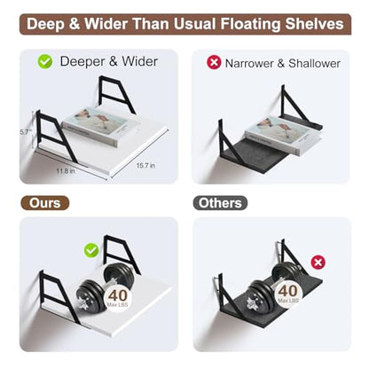 Tectocker-DOU 2 Pc Deep Floating Wall Shelves, Heavy Duty, 15.7×11.8, White | Easy Install, All Hardware Included. Holds 40 Lbs. Easy-Clean. For Living Room, Kitchen, Bathroom, Bedroom, Office. - color: White, size: 15.7W×11.8D