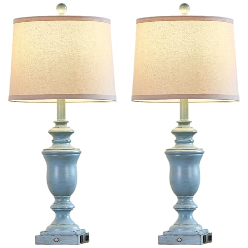 SAIWEYA 27.5" Set of 2 Farmhouse Table Lamps for Bedroom, 3 Way Dimmable Bedside Lamp with 2 USB +AC Outlet Nightstand Lamps for Living Room Resin Rustic Touch Lamps - color: Antique Blue-27.5in