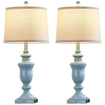 SAIWEYA 27.5" Set of 2 Farmhouse Table Lamps for Bedroom, 3 Way Dimmable Bedside Lamp with 2 USB +AC Outlet Nightstand Lamps for Living Room Resin Rustic Touch Lamps - color: Antique Blue-27.5in