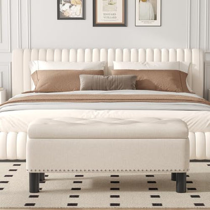 Large Storage Ottoman, Beige, Wood Frame, Linen Fabric, 285 Lbs Capacity - color: Beige