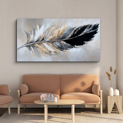 YISXINOAG Canvas Art Wall Decor Modern Abstract Wall Decor Canvas Wall Art for Bedroom Home Artwork Prints Modern Home Decorations Black and Gold Minimalist Feather Abstract Art Size 20"X40" - color: grey golden, size: 40"L x 20"W