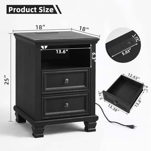 Farmhouse Side Table with Charging Station, Black | Antique Nightstands for Bedroom with Drawers, Bedside Table with Open Shelf & Thickened Top & Square Wooden Legs - color: Black, size: 18"D x 18"W x 25"H (2 Drawers)