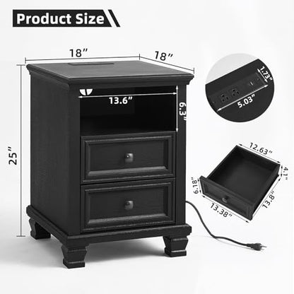 Farmhouse Side Table with Charging Station, Black | Antique Nightstands for Bedroom with Drawers, Bedside Table with Open Shelf & Thickened Top & Square Wooden Legs - color: Black, size: 18"D x 18"W x 25"H (2 Drawers)