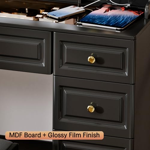 Arulvmrn 43" Makeup Vanity Desk with Mirror and Lights, & Power Outl, Glass Top Big Vanity Table with 9 Drawers& 8 Storage Shelves, Dressing Table Set with Chair for Bedroom, Black - color: Dark