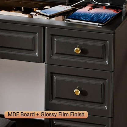 Arulvmrn 43" Makeup Vanity Desk with Mirror and Lights, & Power Outl, Glass Top Big Vanity Table with 9 Drawers& 8 Storage Shelves, Dressing Table Set with Chair for Bedroom, Black - color: Dark