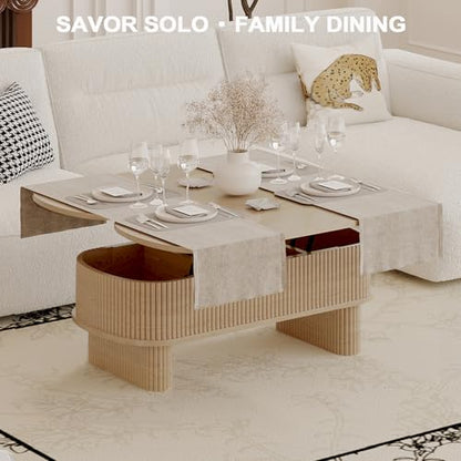 Lift Top Coffee Table with Large Storage,Lifting Converts to Dining Table,Oval Pop Up Coffee Table Fluted Wood Center Table for Living Room,Fully Assembled Space-Saving for Eating&Laptops - color: Oak Wood