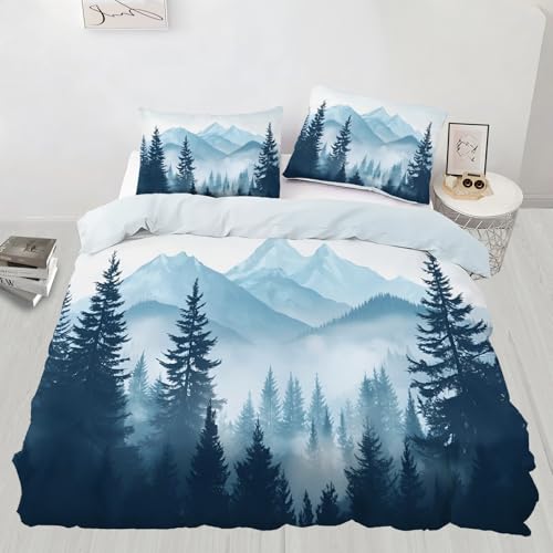 Mountain Duvet Cover Full, Misty Pine Comforter Sets, Blue Forest Bedding Set, 2 Pillow Cases, Zipper & Ties, Soft Microfiber Reversible Print Duvet Cover & Home Decor - color: Misty Pine, size: Full (80 x 90 in)