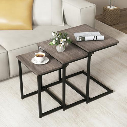 GOFLAME Nesting Coffee Tables Set of 3, Rectangular Nesting Center Table with Wood Grain Top & Metal Frame, Modern C-Shaped Nested Side Table Set for Living Room, Bedroom, Black & Oak - color: Black & Oak