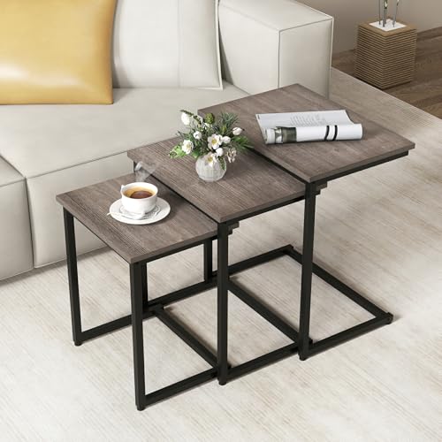 GOFLAME Nesting Coffee Tables Set of 3, Rectangular Nesting Center Table with Wood Grain Top & Metal Frame, Modern C-Shaped Nested Side Table Set for Living Room, Bedroom, Black & Oak - color: Black & Oak